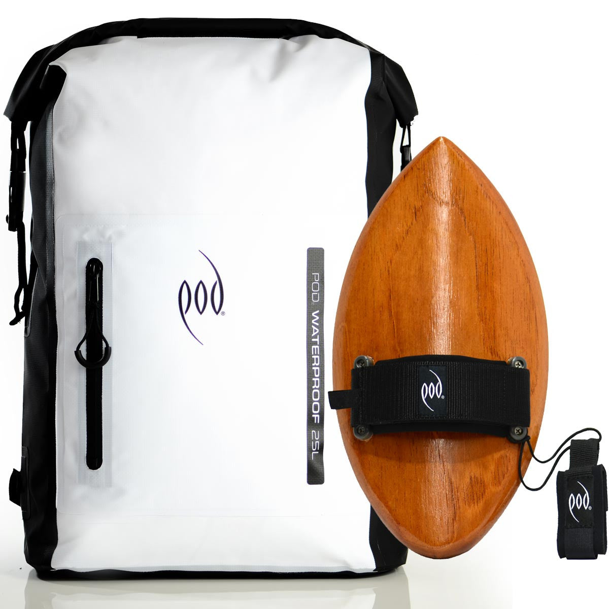 Waterproof Backpack Black White Hand-crafted Wood Bodysurfing Handboard