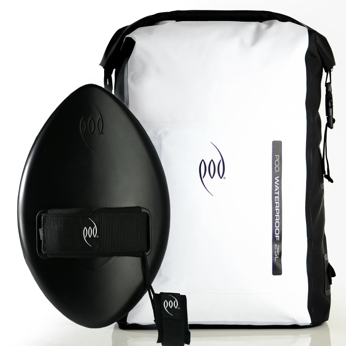 Black and White Waterproof Backpack + Stealth Black WOW Handplane