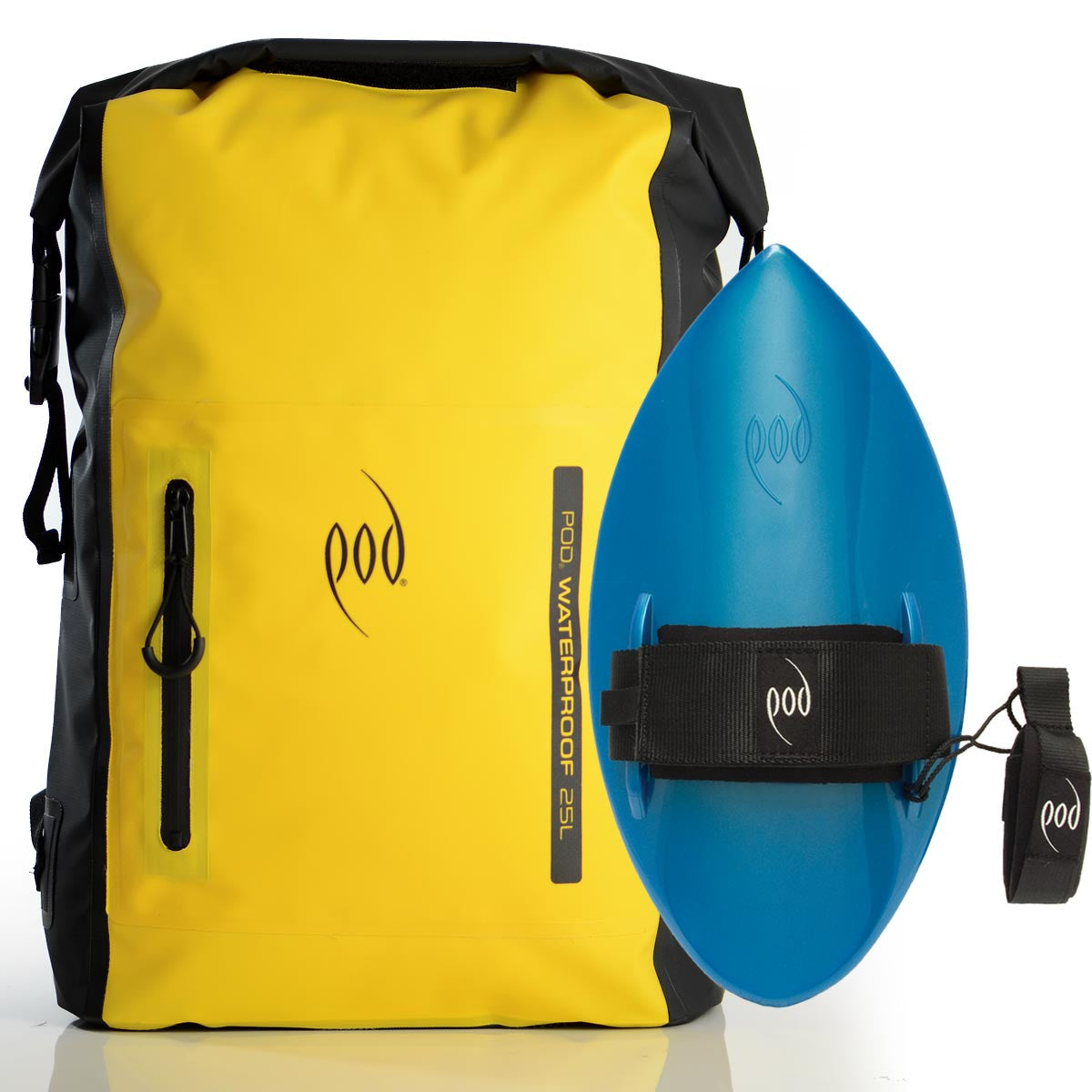 Waterproof Backpack Black Yellow Bodysurfing Handboard Aqua Blue
