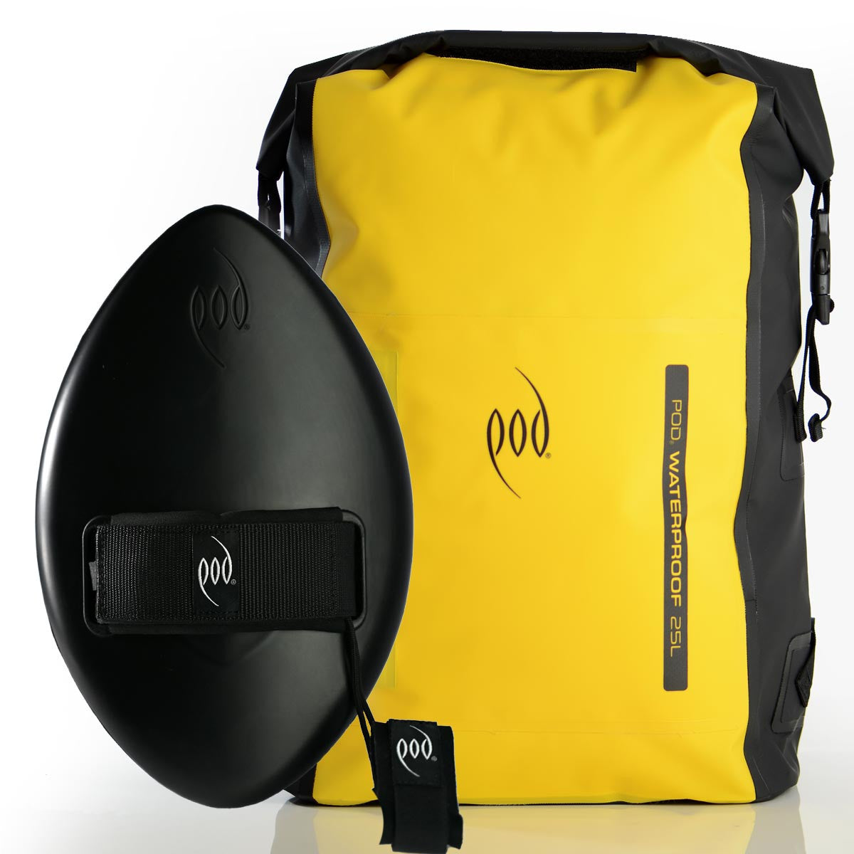 Black and Yellow Waterproof Backpack + Stealth Black WOW Handplane