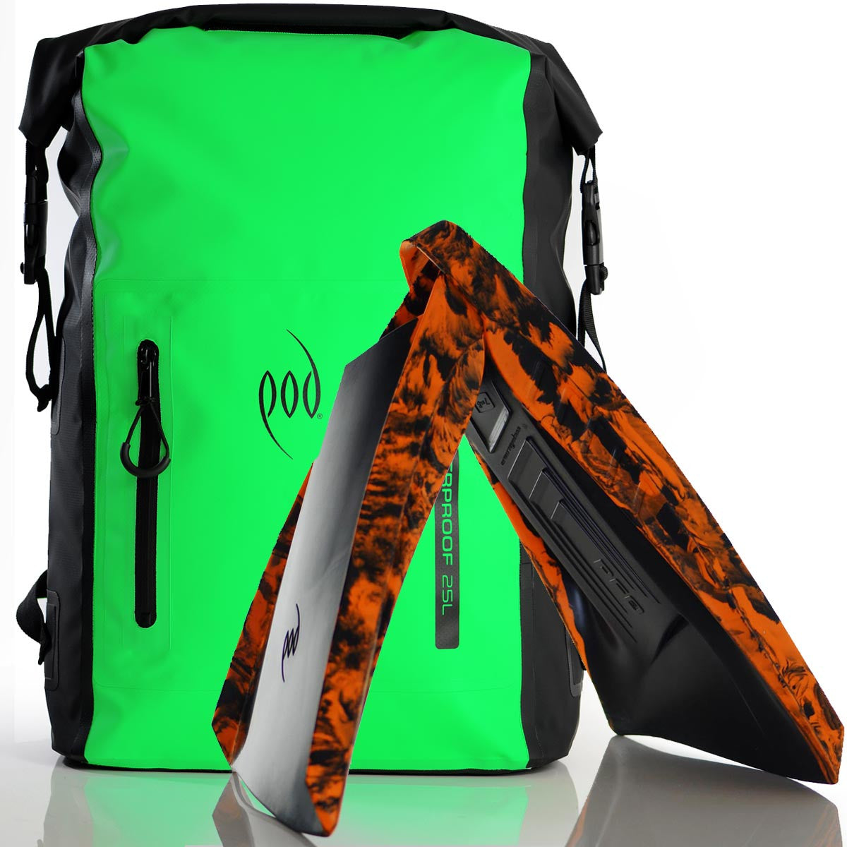Waterproof Rucksack Black Green 25L Backpack Dry Bag PF3 POD Swim Fins Black Orange