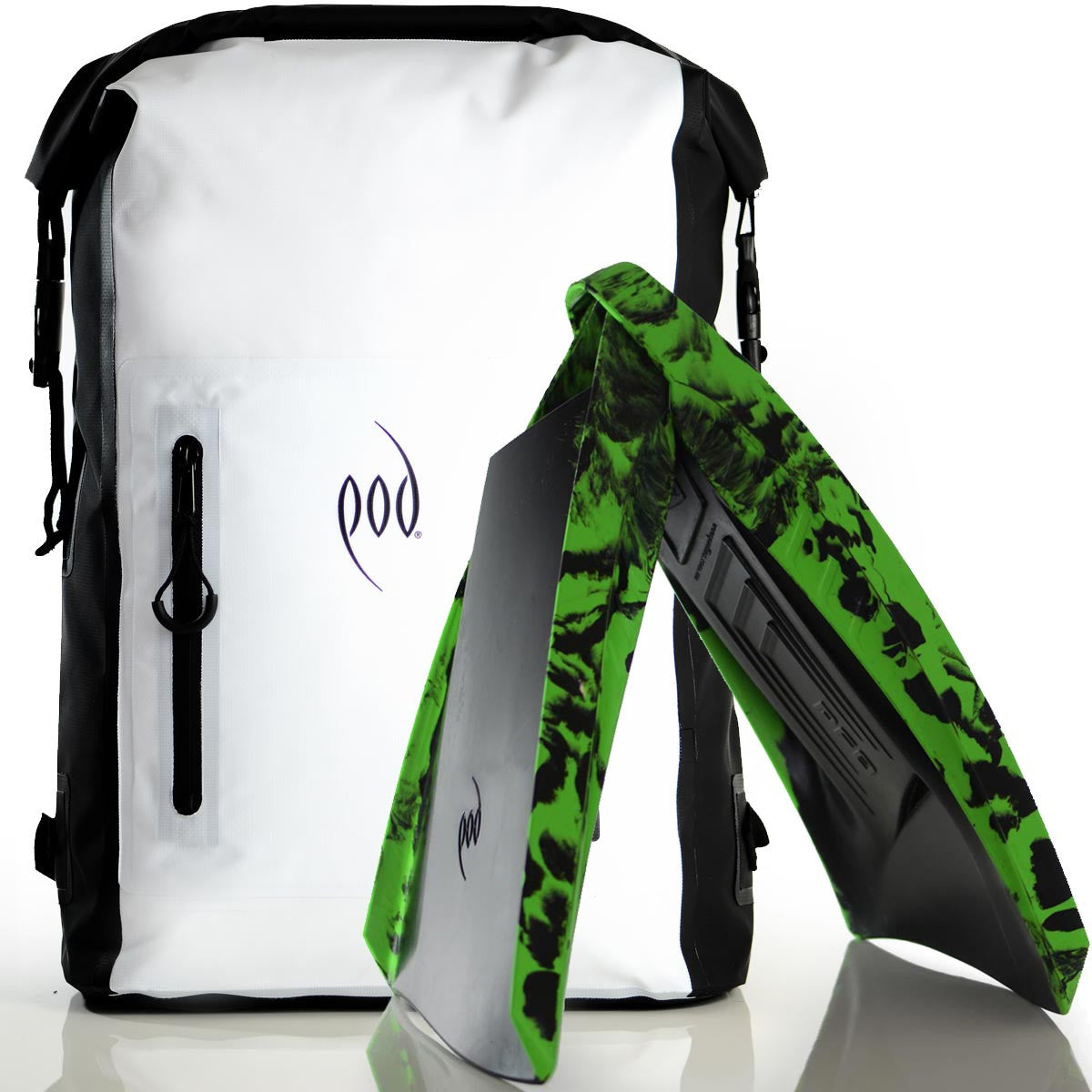Waterproof Rucksack Black White 25L Backpack Dry Bag PF3 POD Swim Fins Black Green