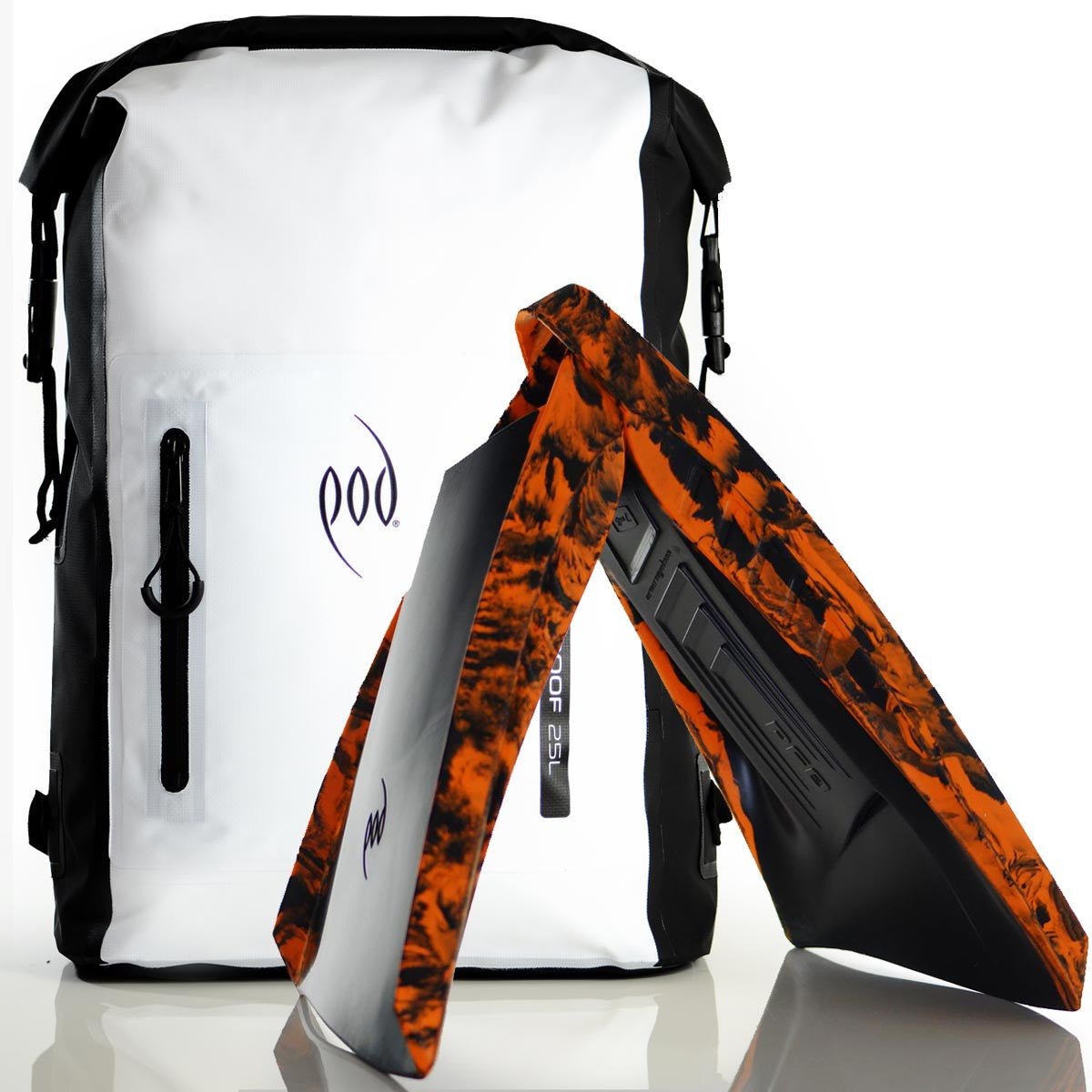 Waterproof Rucksack Black White 25L Backpack Dry Bag PF3 POD Swim Fins Black Orange