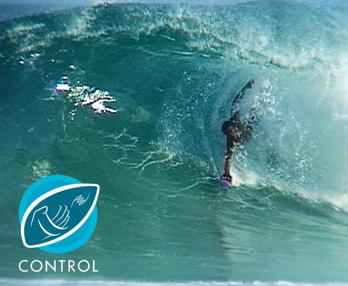 Control: Less drag the faster you will bodysurf across the wave. 