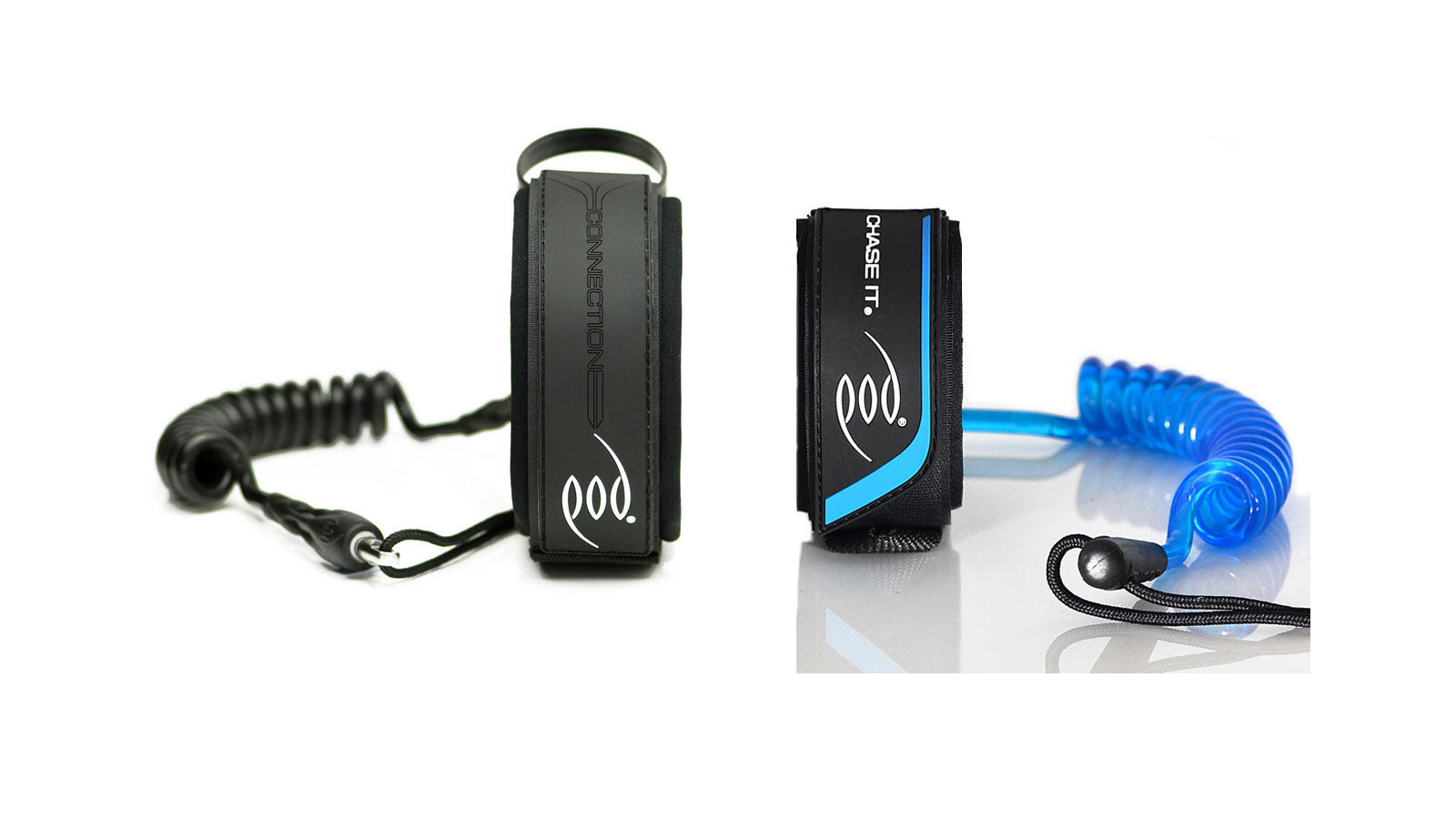 POD Connection bicep leash in black with a coiled black cord alongside a POD Chase It wrist leash in black and blue with a coiled blue cord, on a white background