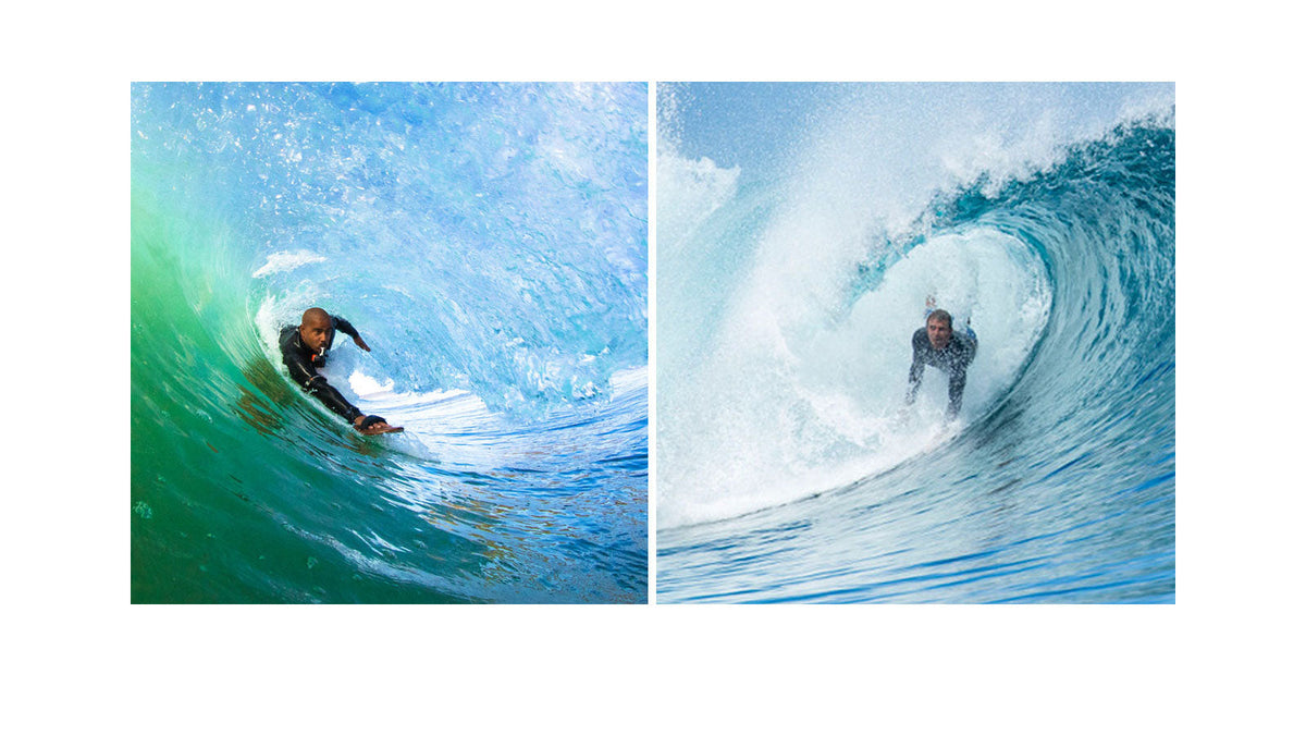 Two surfers bodysurfing inside hollow waves, one riding a green barrelling wave and one inside a blue tube, both without boards