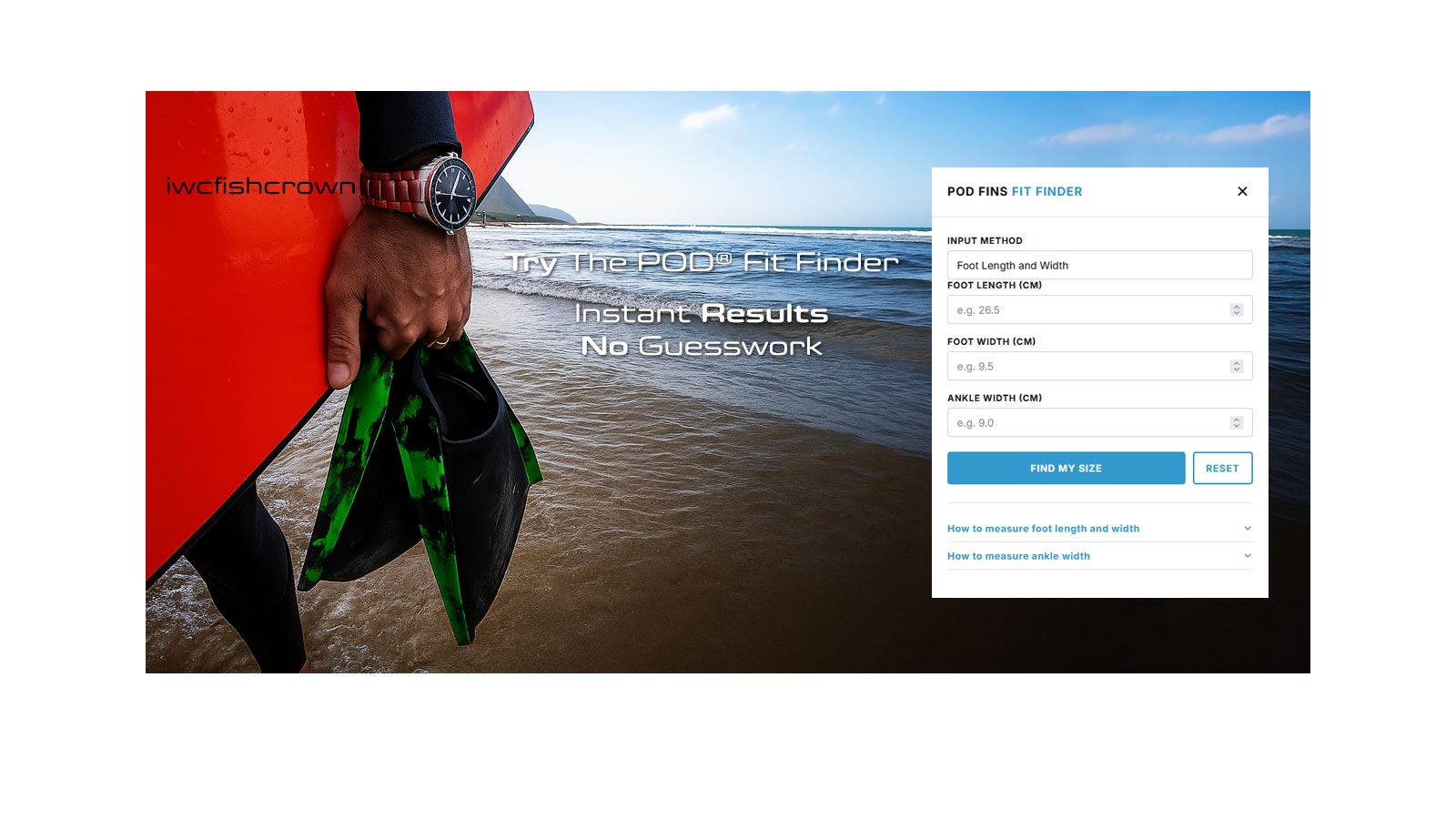 POD Fit Finder tool showing the foot length and width input fields alongside a beach photograph of a surfer holding POD PF3 swim fins