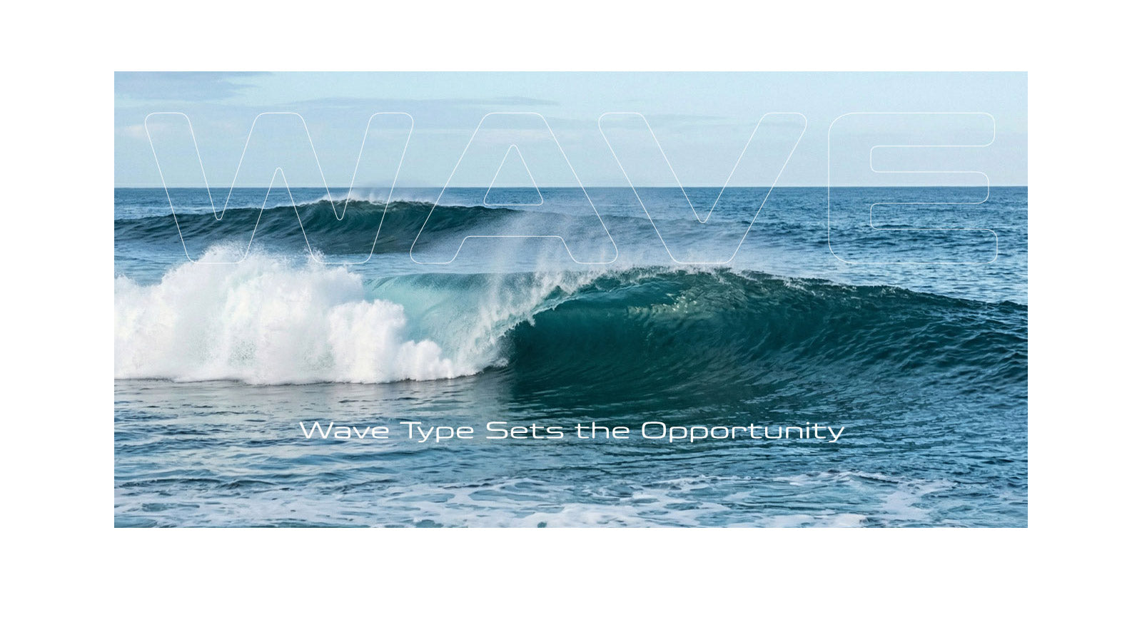 A breaking ocean wave with white water on the left and a clean open face on the right, with the word "WAVE" overlaid in large outline lettering and the text "Wave Type Sets the Opportunity" below
