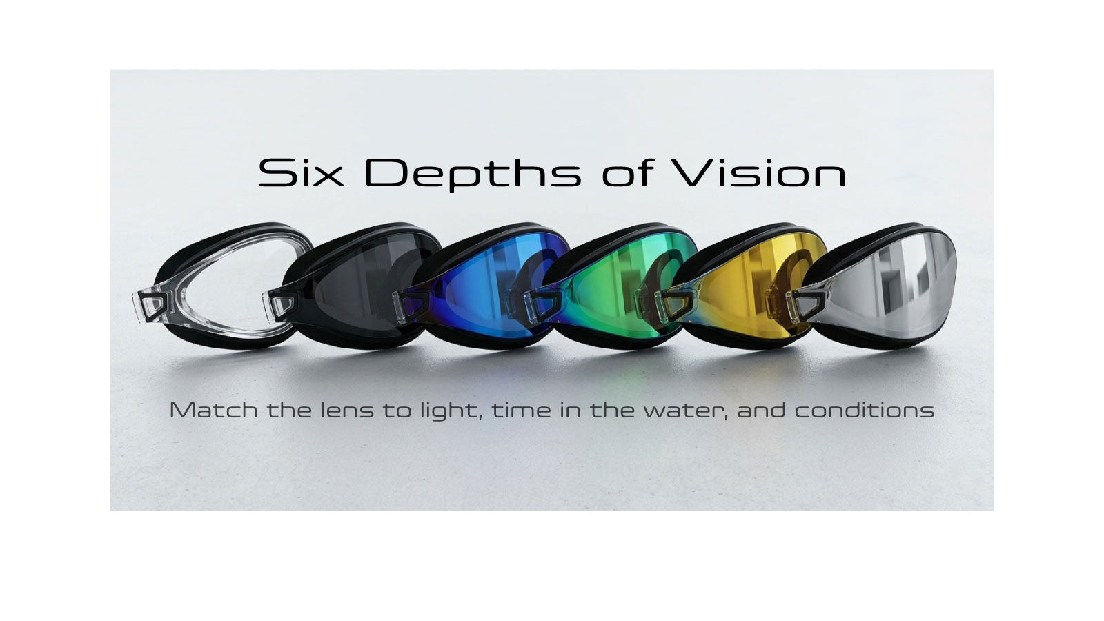 Six POD AquaLuxe swim goggle lenses in a row on a grey background, showing clear, smoke, blue mirror, green mirror, gold mirror, and silver mirror options, with the caption "Match the lens to light, time in the water, and conditions"