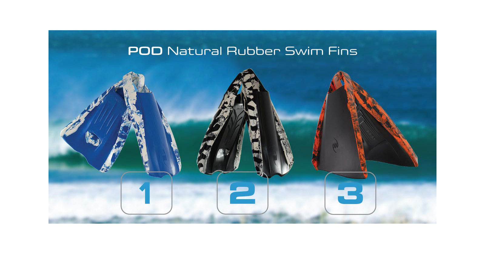 POD PF1, PF2, and PF3 natural rubber swim fins shown side by side against an ocean background, with the PF1 in blue camo, PF2 in black and white camo, and PF3 in orange and black camo.