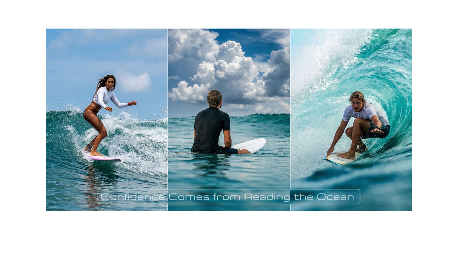 Three surf images side by side showing a woman riding a wave on a longboard, a surfer sitting on his board reading the ocean from the lineup, and a male surfer crouched inside a hollow green wave