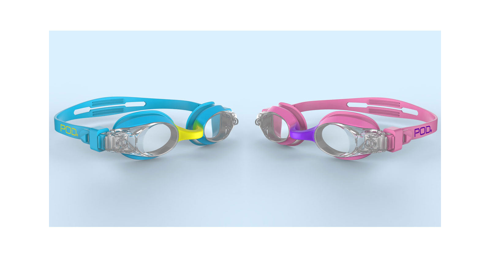 Two POD AquaLuxe swim goggles on a light blue background, one in blue with a yellow nose bridge and one in pink with a purple nose bridge, both with clear lenses