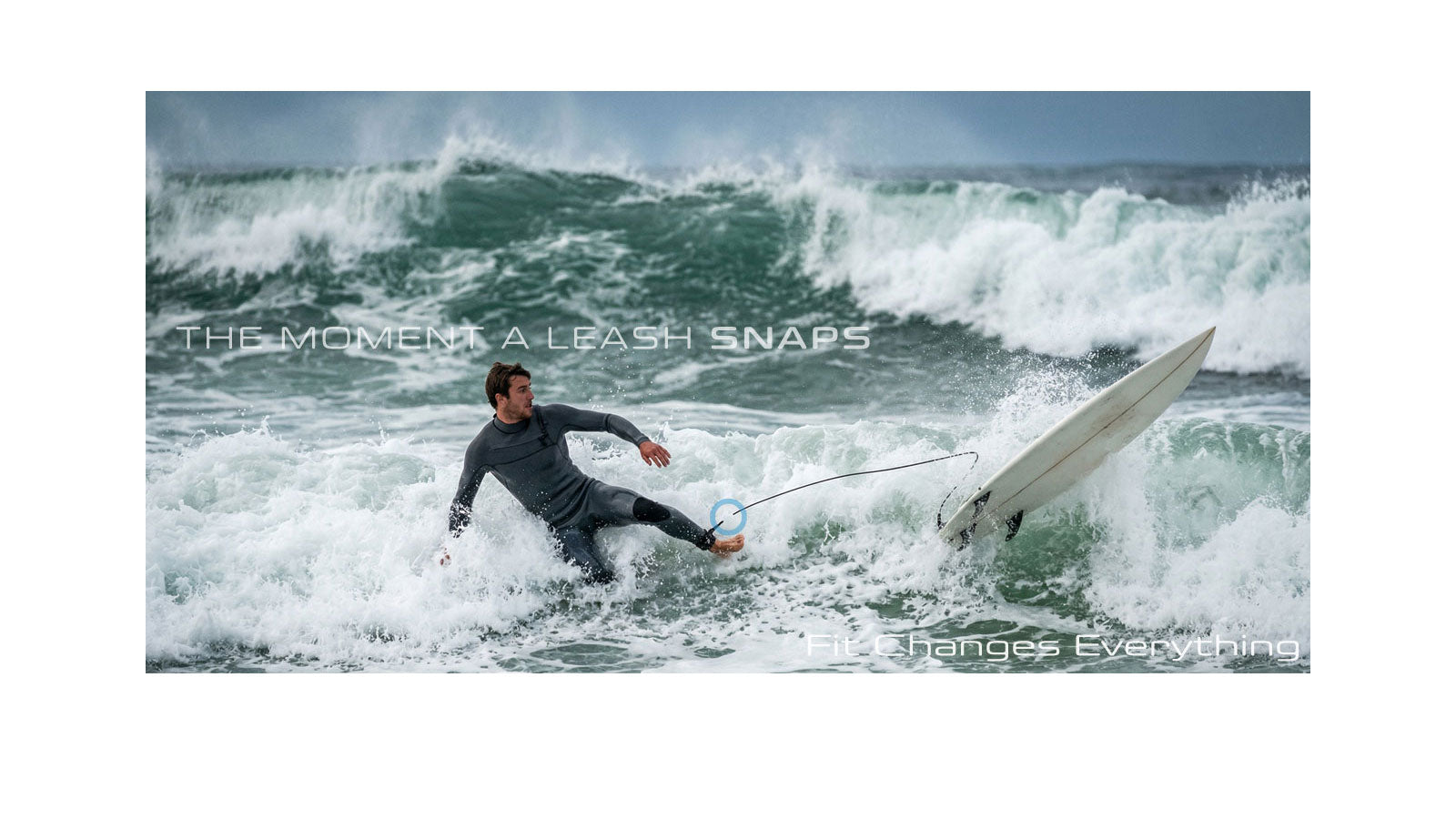 A surfer being pulled off balance in the surf as his surfboard leash reaches full extension under load, with the text "The Moment a Leash Snaps" above and "Fit Changes Everything" below overlaid on the image