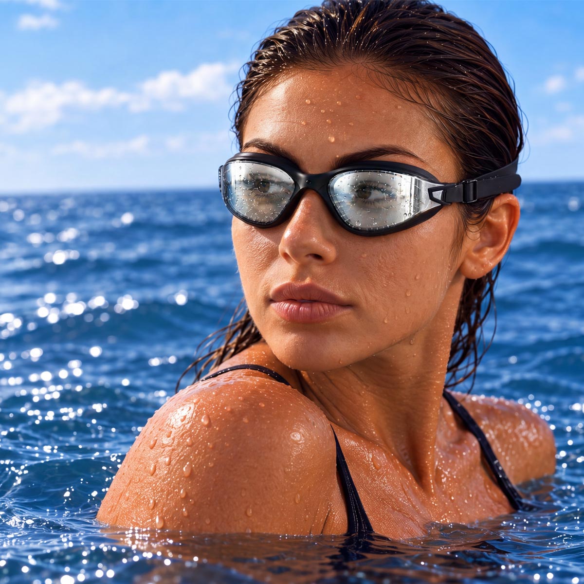 A woman in a black bikini top and AquaLuxe Black Max Swim Goggles Silver Mirror Lenses for High Glare, emerging from the blue ocean water under a bright sky.