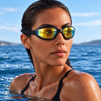 A woman in a black swimsuit and AquaLuxe Black Gold Mirror Swim Goggles for Strong Sun, photographed in the water with a blue sky and distant shoreline in the background.