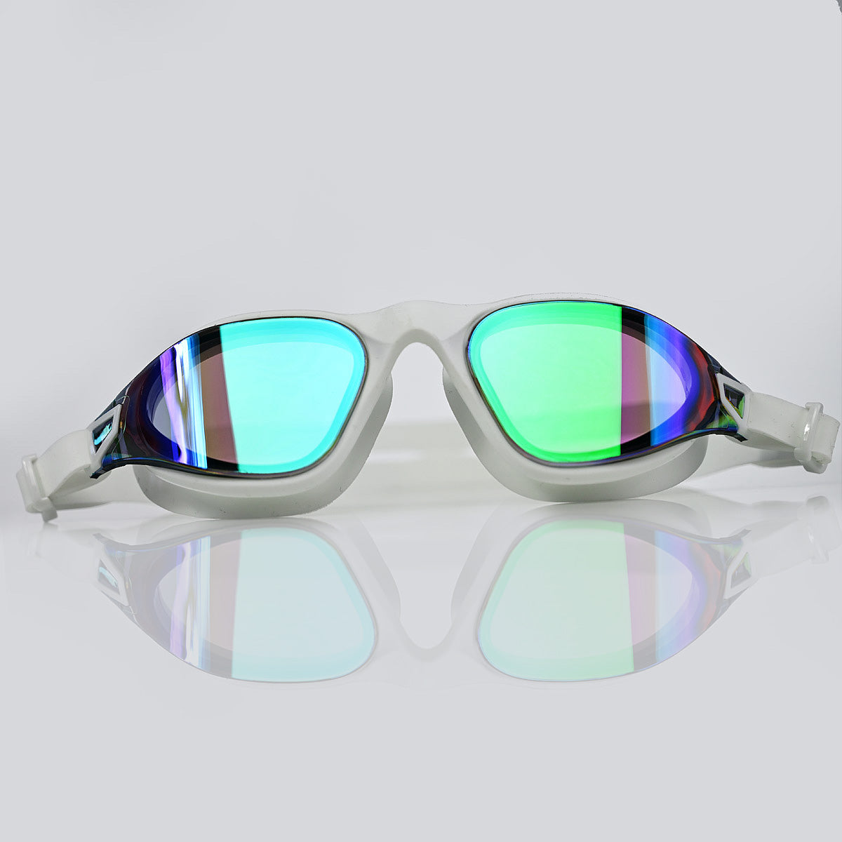 A pair of modern AquaLuxe POD swimming goggles with a translucent light white frame and vibrant mirrored lenses reflecting shades of green, blue, and purple, set against a clean light gray background with a soft reflection below.