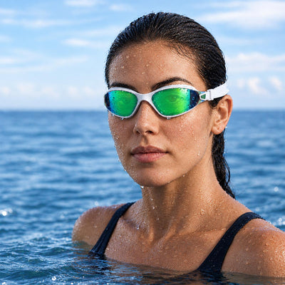 A female swimmer in open water wearing POD AquaLuxe swim goggles with green mirror lenses and a white frame, with water droplets on her face and open ocean and clouds in the background