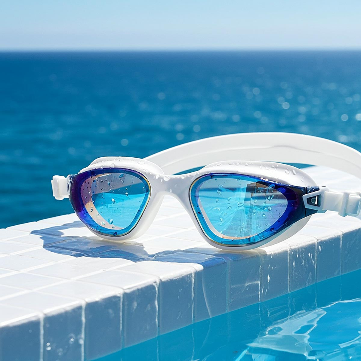 Blue Mirror Lenses White AquaLuxe Swim Goggles by POD®