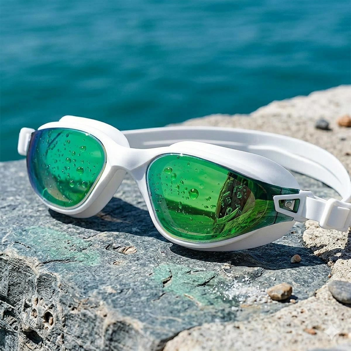 Green Mirror Lenses Swim Goggles AquaLuxe White Line