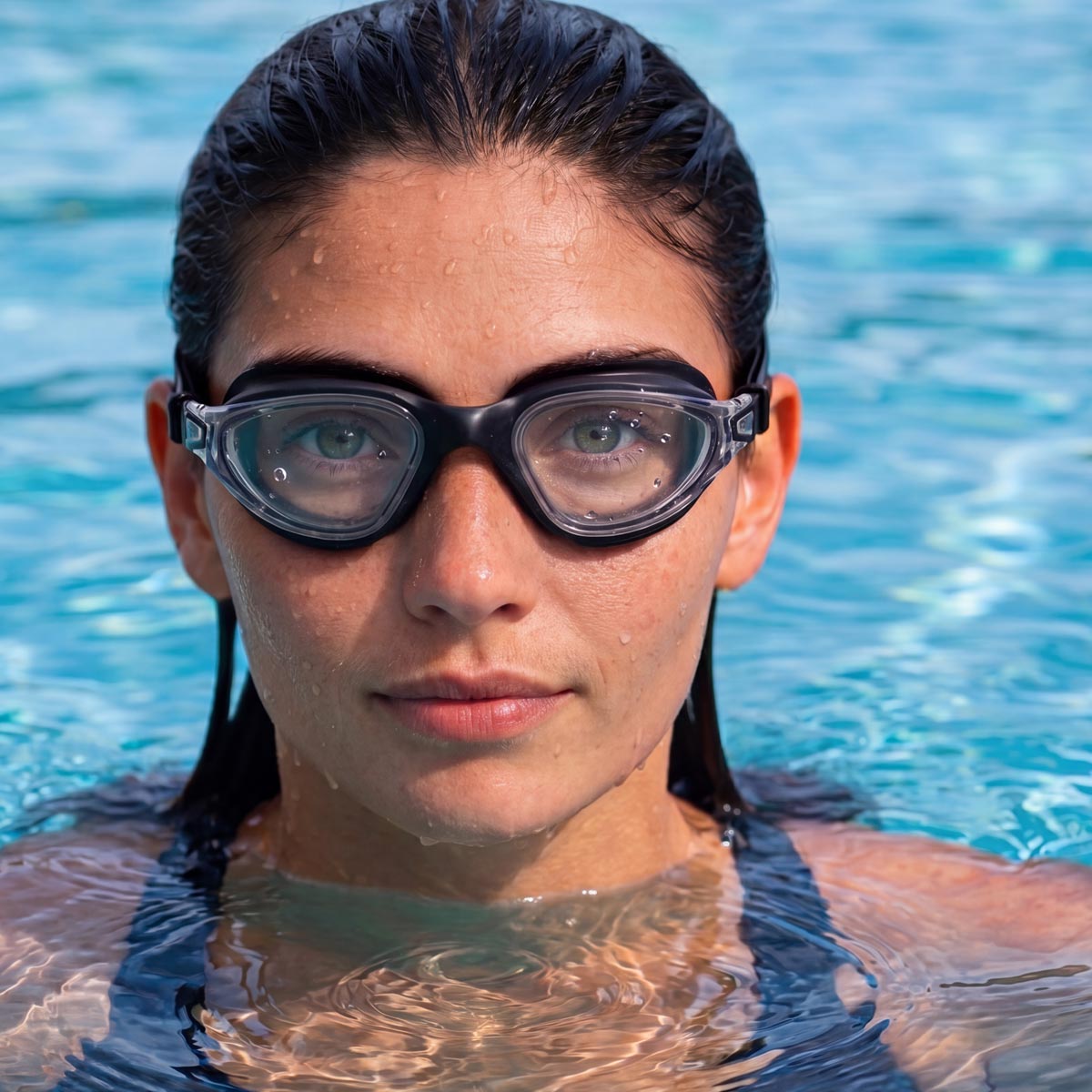 A close-up of a woman in a swimming pool wearing black AquaLuxe swim goggles with clear lenses.