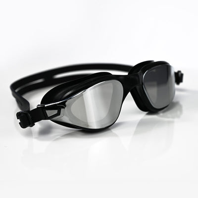 Black Max swimming goggles with a reflective silver mirrored lens, shown on a clean white reflective surface.