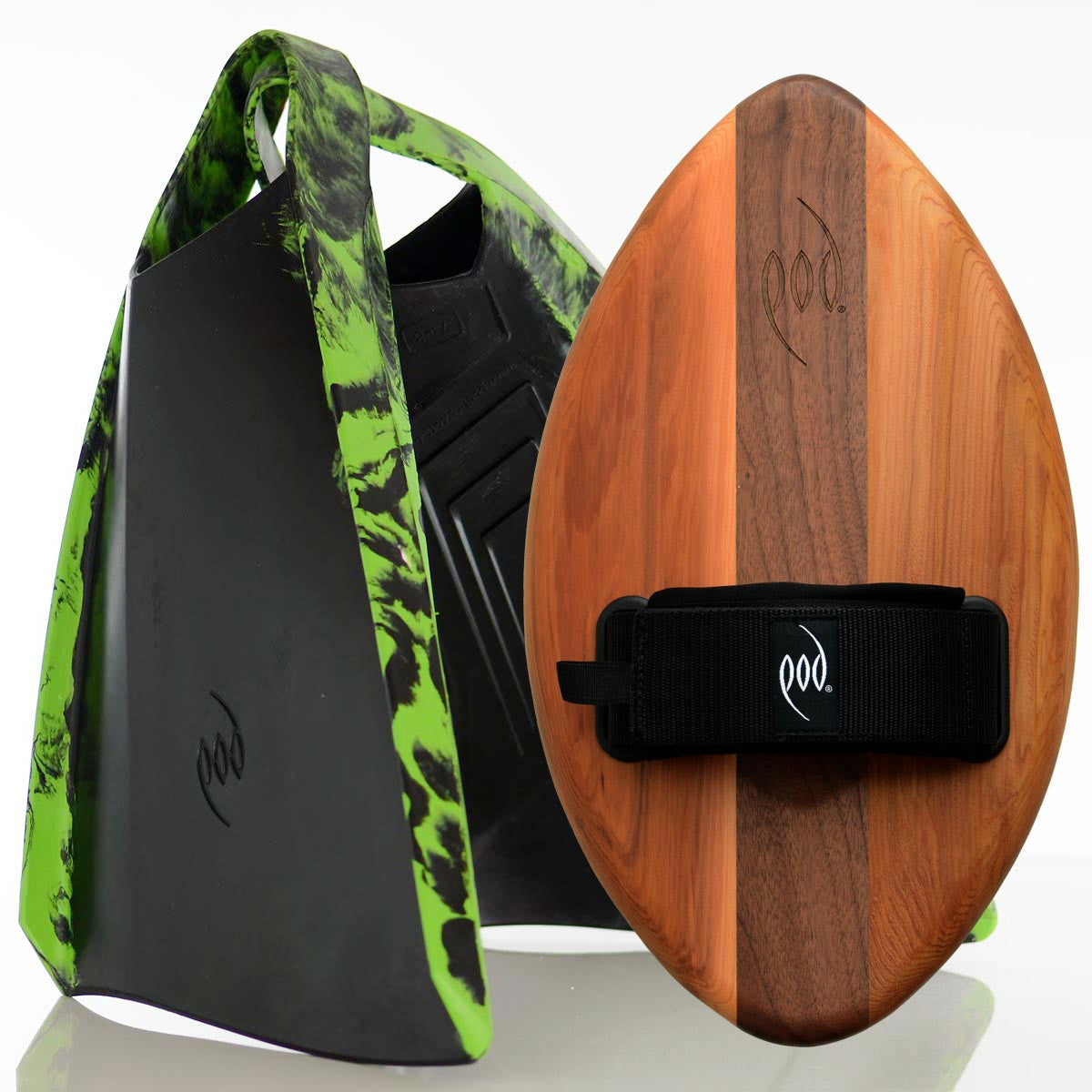 FLO Cedar Walnut Wood POD Handboard PF3 POD Swim Fins Black/Lime