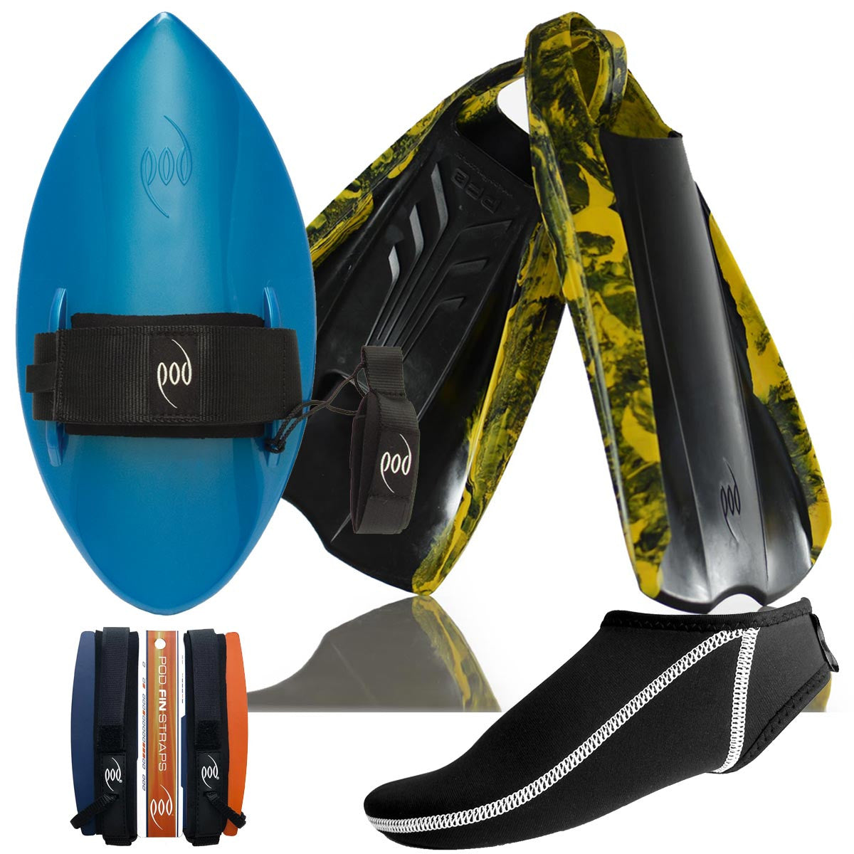PF2 POD Swim Fins Black/Yellow Aqua Blue Handboard Fin Socks and Savers