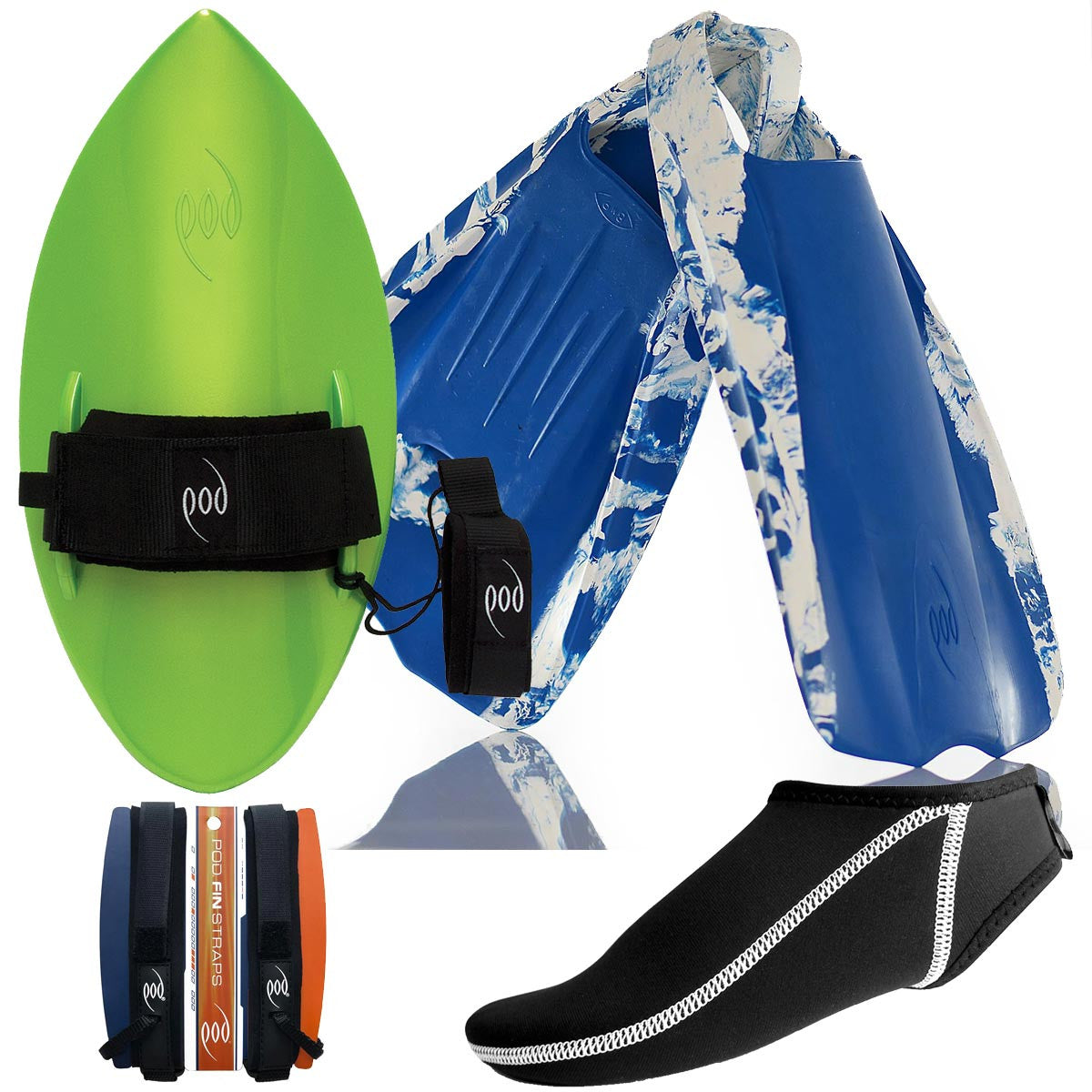 PF1 POD Swim Fins Blue/White Lime Handboard Fin Socks and Savers