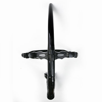 A black centre swim training snorkel with a clear silicone mouthpiece, a black strap  and tube, set against a plain white background.