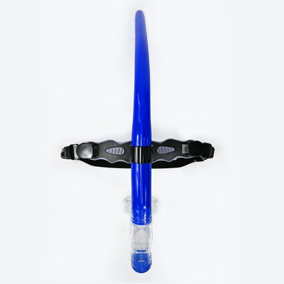 A blue swim training snorkel with a black and gray adjustable head strap, mounted on a clear stand against a white background.