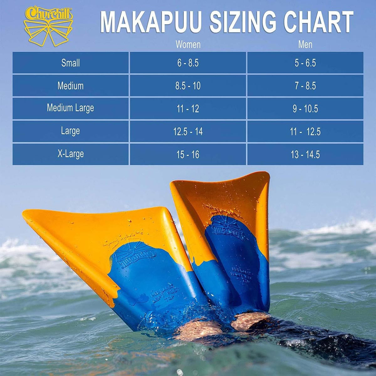 Churchill Makapuu Swim Fins Classic Blue/Yellow Bodyboarding