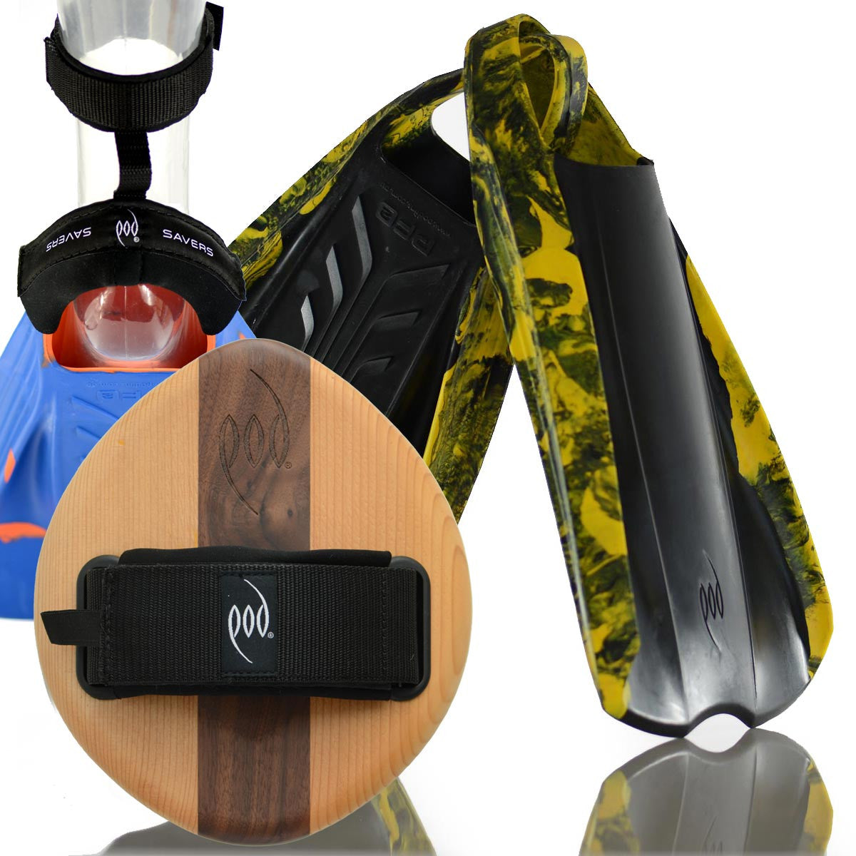 EGO Cedar/Walnut POD Handboard PF2 Swim Fins Black/Yellow Heel Protectors and Fin Savers