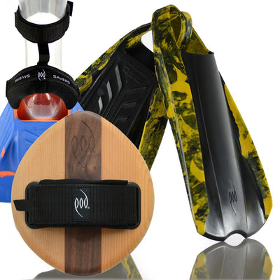 EGO Cedar/Walnut POD Handboard PF2 Swim Fins Black/Yellow Heel Protectors and Fin Savers