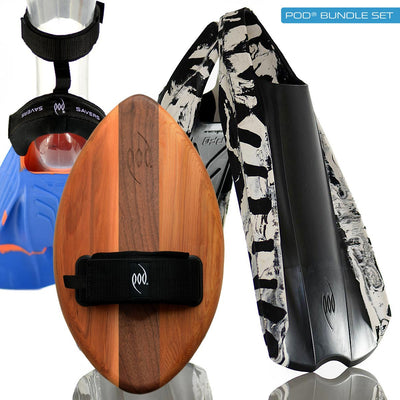 FLO Cedar/Walnut POD Handboard PF2 Swim Fins Black/White Heel Protectors Fin Savers