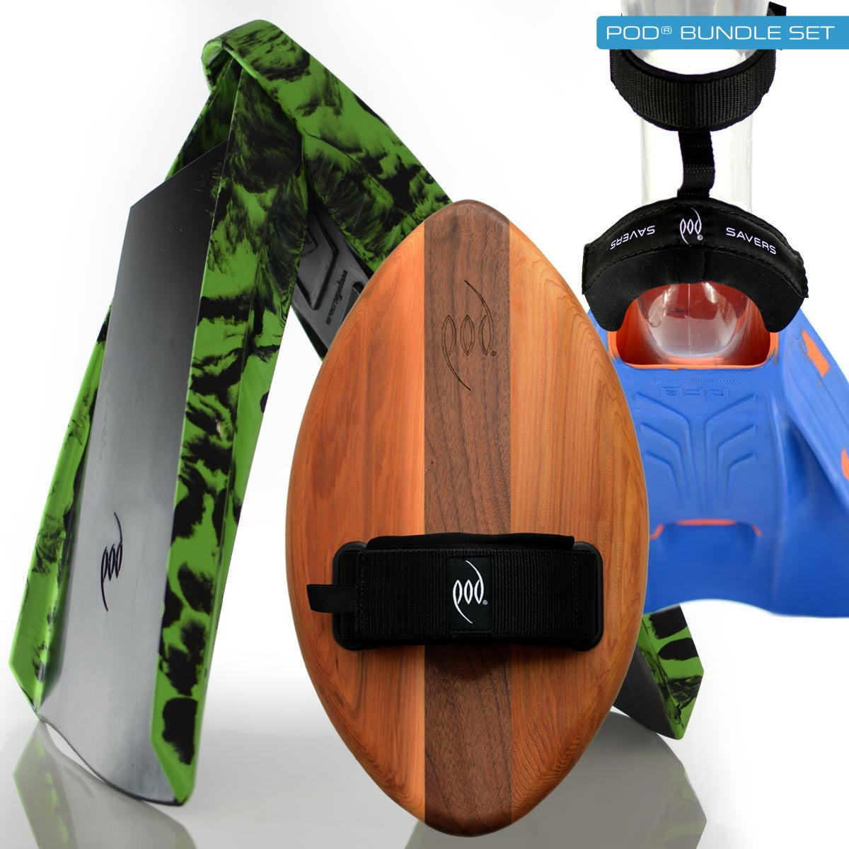 FLO Cedar Walnut Wood POD Handboard PF3 POD Swim Fins Black/Lime Heel Protectors Fin Savers