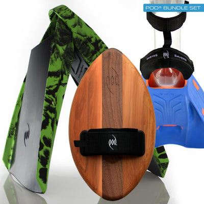 FLO Cedar Walnut Wood POD Handboard PF3 POD Swim Fins Black/Lime Heel Protectors Fin Savers