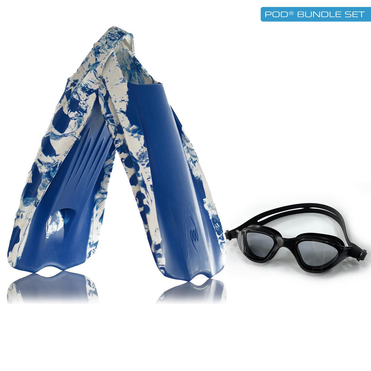 POD PF1 Swim Fins Blue/White and Black Aqua Luxe Goggles with Black Tinted Lenses