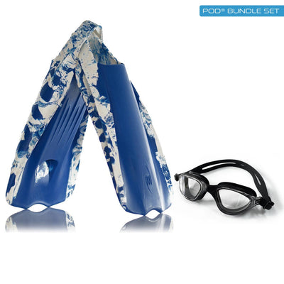 POD PF1 Swim Fins Blue/White and Black Aqua Luxe Goggles with Clear Lenses