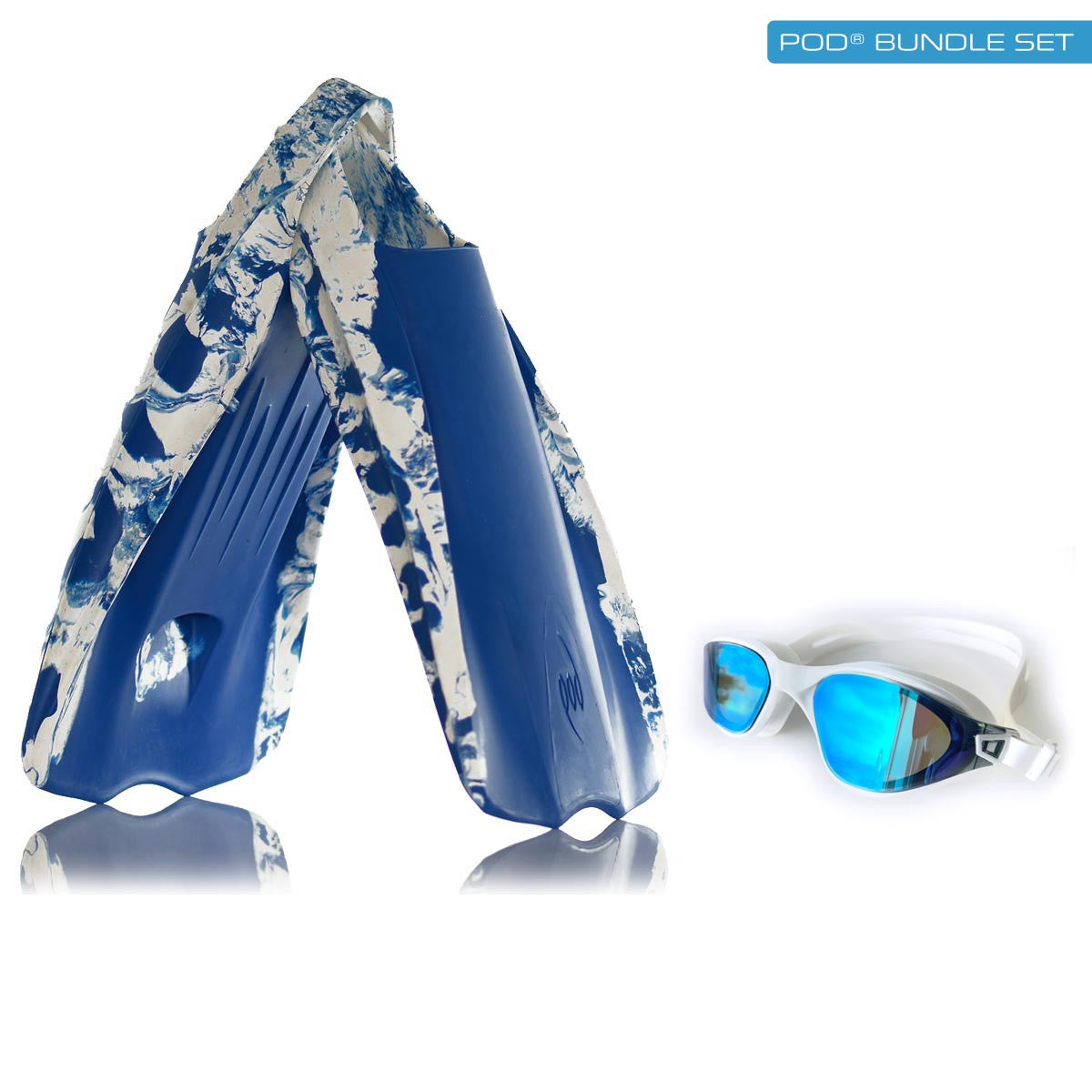 Variegated Blue/White PF1 POD Swim Fins and White AquaLuxe Blue Mirror Lens Goggles.