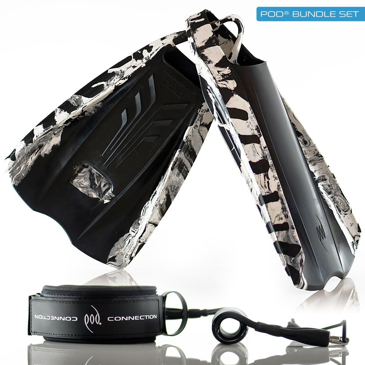 PF2 Black/White POD Swim Fins - Bodyboard Bicep Leash
