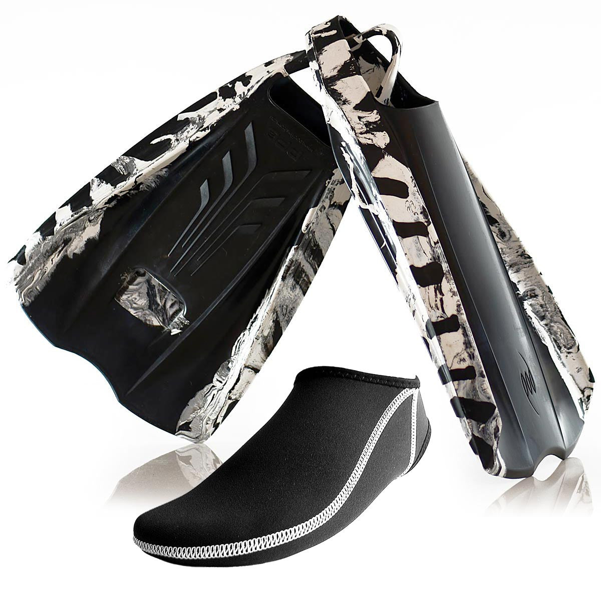 PF2  POD Swim Fins Black/White Natural Floating Rubber Fin Socks