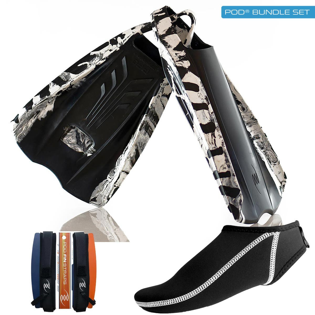 PF2 POD Swim Fins Black/White 3mm Neoprene Socks Fins Savers