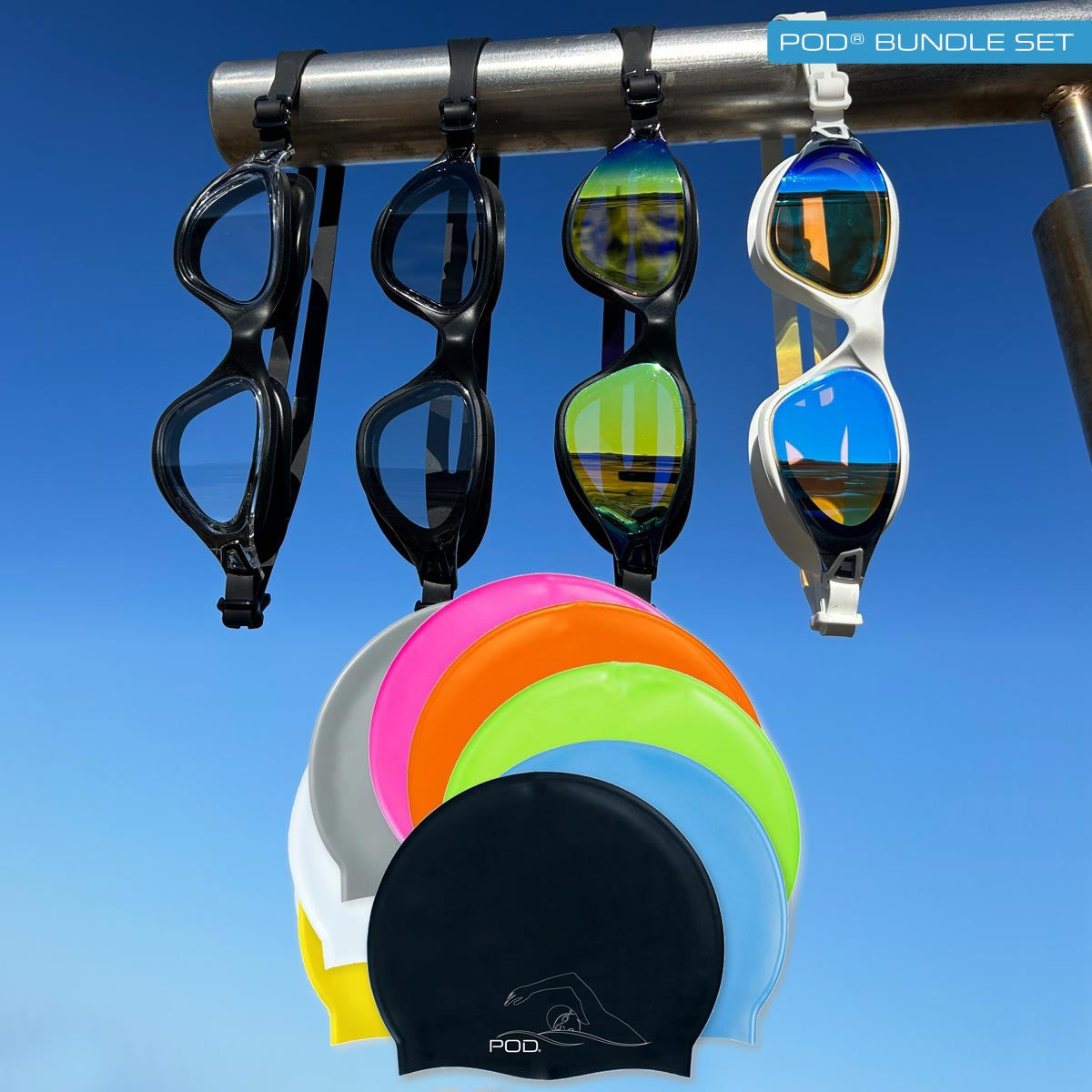 AquaLuxe Swim Goggles and  Silicone Swim Caps  Bundle Deal
