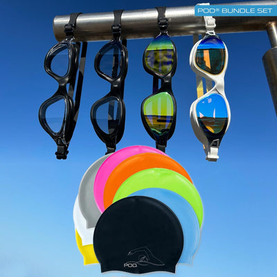 AquaLuxe Swim Goggles and  Silicone Swim Caps  Bundle Deal