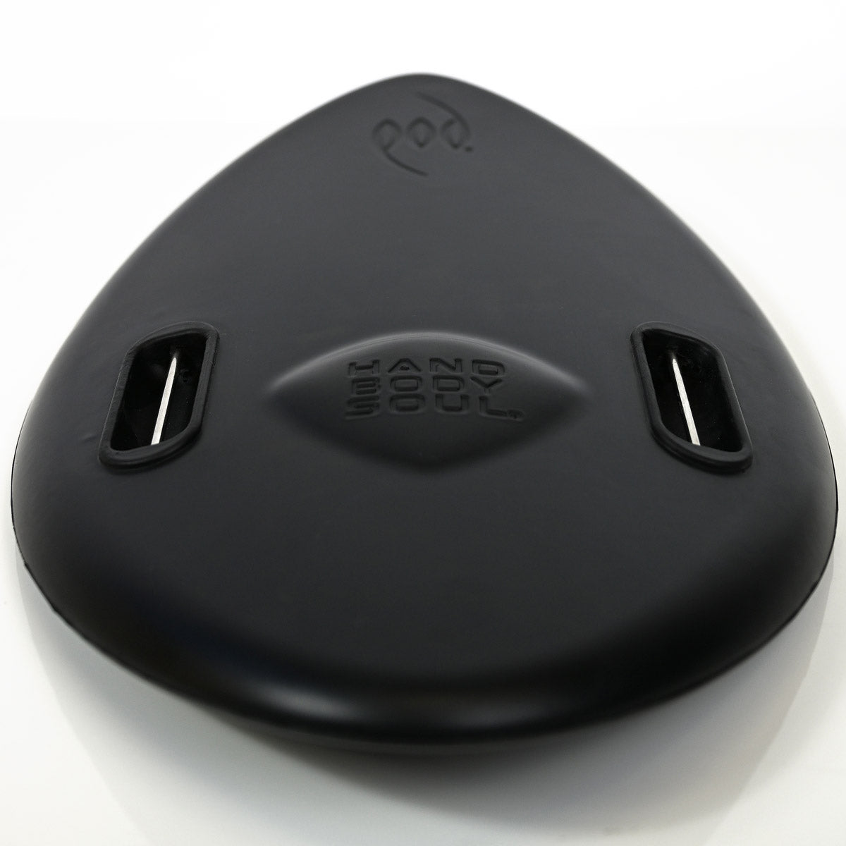 A black, teardrop-shaped pod handplane with two side cutouts strap retainers POD branding and Hand Body Soul text in the center, shown on a white background.