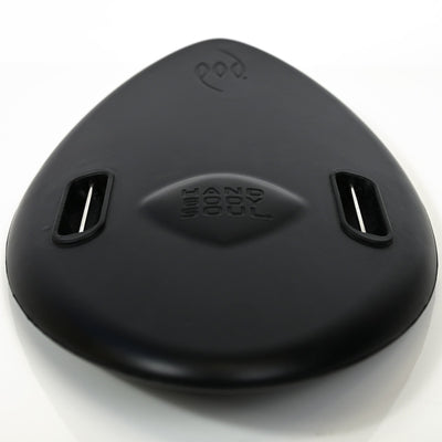 A black, teardrop-shaped pod handplane with two side cutouts strap retainers POD branding and Hand Body Soul text in the center, shown on a white background.