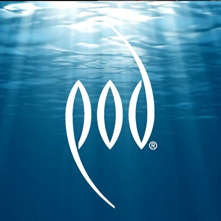 The POD registered trademark logo in white on an underwater ocean background with light filtering through the surface from above