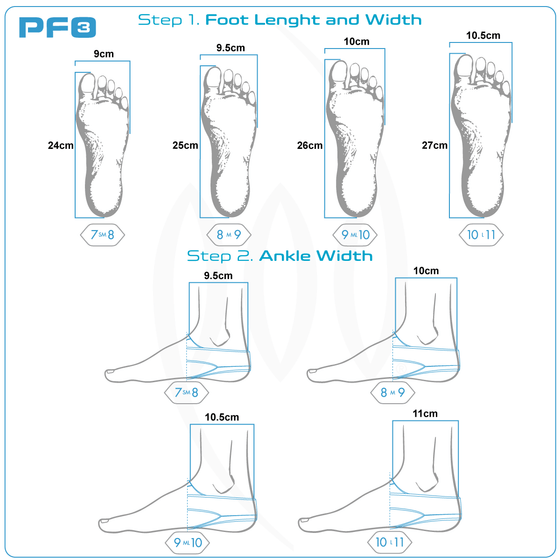 Foot and Ankle Size Guide PF3 POD Swim Fins