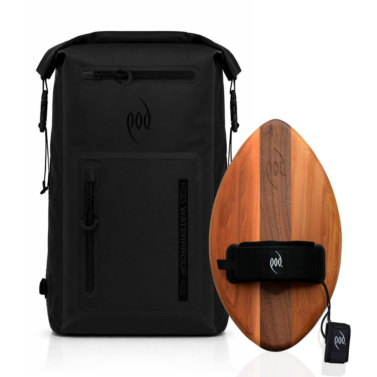 POD Black/Black Waterproof Backpack 40L + FLO Cedar Walnut Bodysurfing Handboard