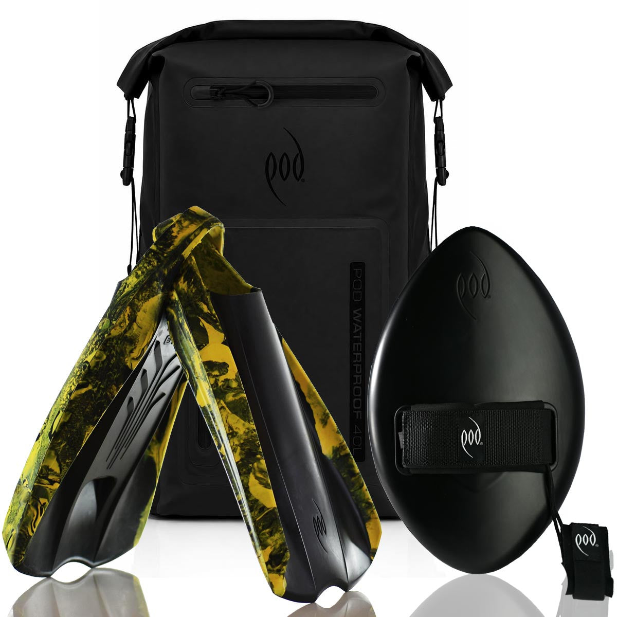 POD Black/Black Waterproof Backpack 40L + Stealth Black WOW 13" Handboard + Black/Yellow PF2 Fins
